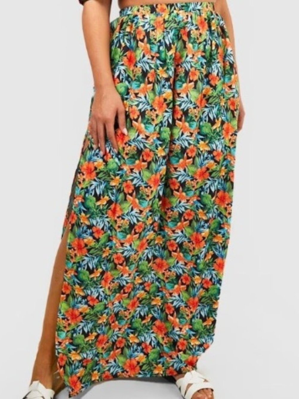 NWT Boohoo Plus Tropical Side Slit Maxi Skirt Womens Summer Lightweight Pool 18